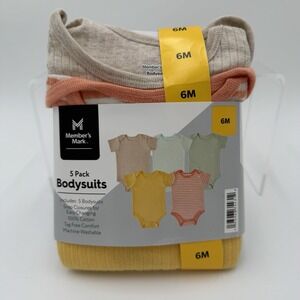 Member's Mark‎ Snap Closure Tag-less Short Sleeve Baby 5 Pack Bodysuits 6M - NEW